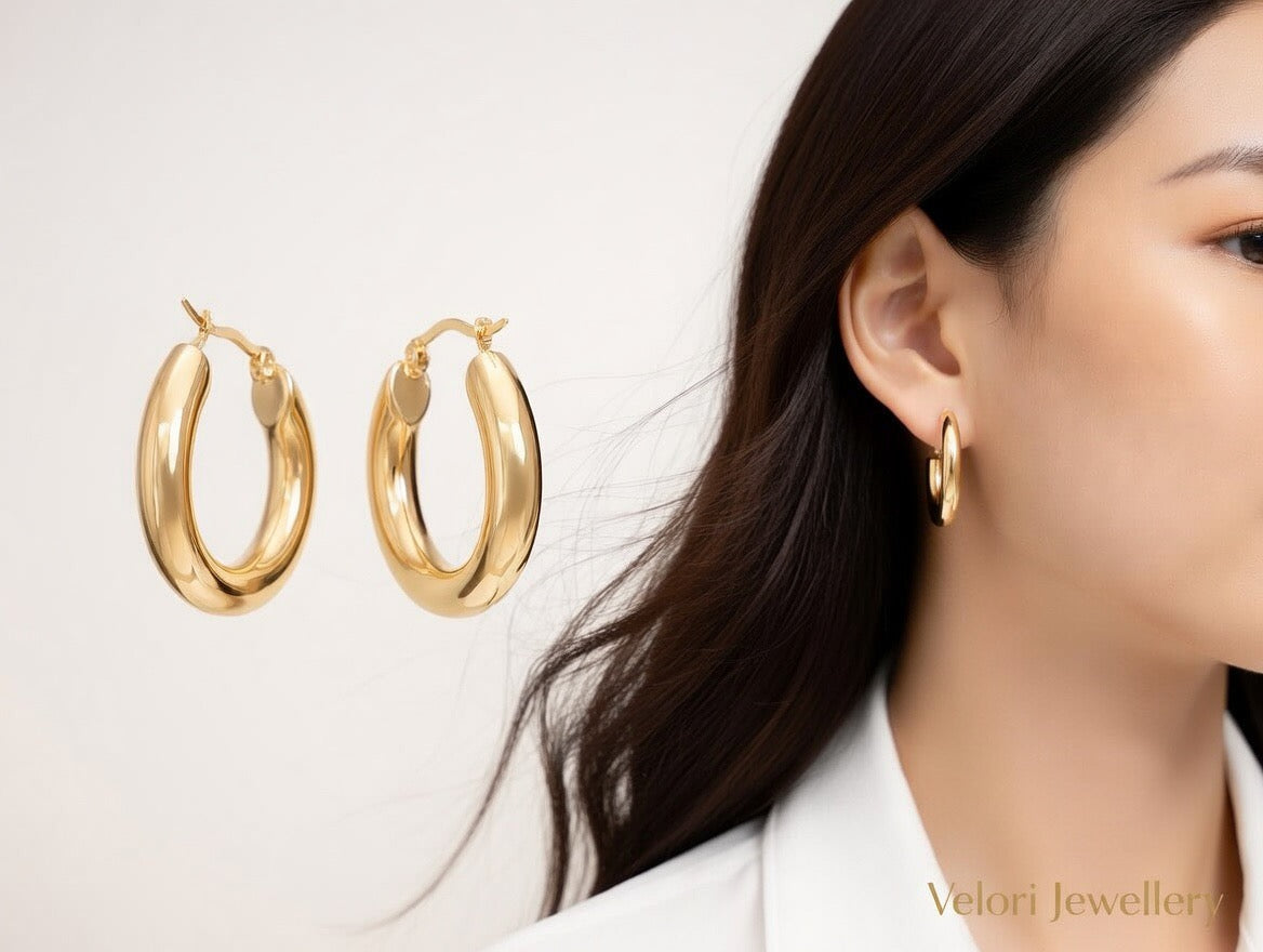Classic Smooth Round Hoop Earrings – 18K Gold Plated Stainless Steel Huggie Earrings for Women